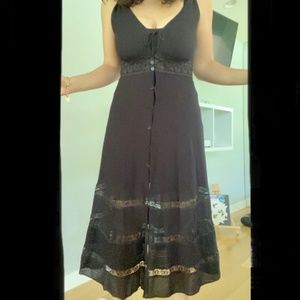 Black MIDI Button Up Dress with Lace Details